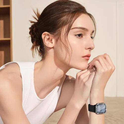 Vista 6 de Correa trenzada elástica compatible para bandas de Apple Watch para mujeres y estuche de 40 mm, 41 mm, 42 mm, 44 mm, 45 mm, 46 mm, protector