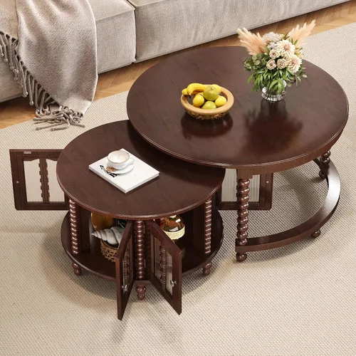 Vista 16 de Mesa de café redonda, mesa de café moderna de 31.5" con 2 cajones grandes de almacenamiento, tapa de mesa con patrón de mármol, mesa central