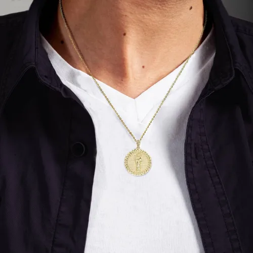 Vista 4 de Collar y colgante de oro amarillo macizo de 10 quilates con eslabones cubanos de San Judas con marco redondo