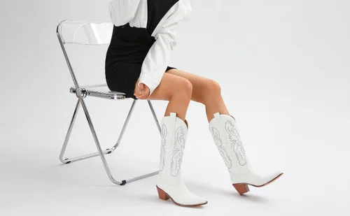 Vista 5 de SYHXYHEG Botas vaqueras bordadas para mujer, botas altas hasta la rodilla vaquera, tacón de bloque medio, botines occidentales para mujer