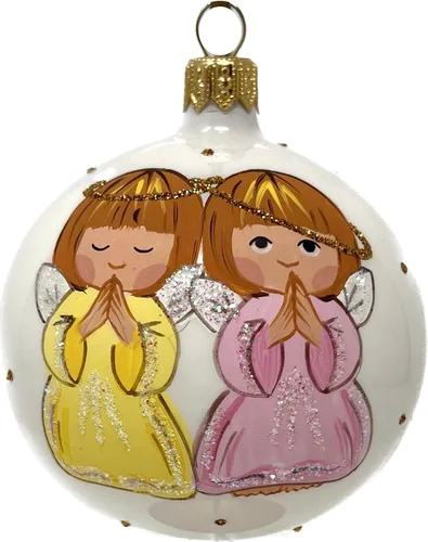 Vista 12 de Adorno de Navidad, dos ángeles orantes, bola de vidrio soplado de 3 pulgadas (3.150 in) (ángeles rezantes, oro - ángeles blancos)