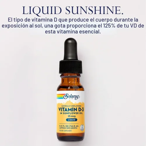 Vista 3 de SOLARAY Gotas líquidas de vitamina D3 de 25 mcg (1000 UI) - Gotas de vitamina D de absorción mejorada en aceite de girasol para soporte VIT D3