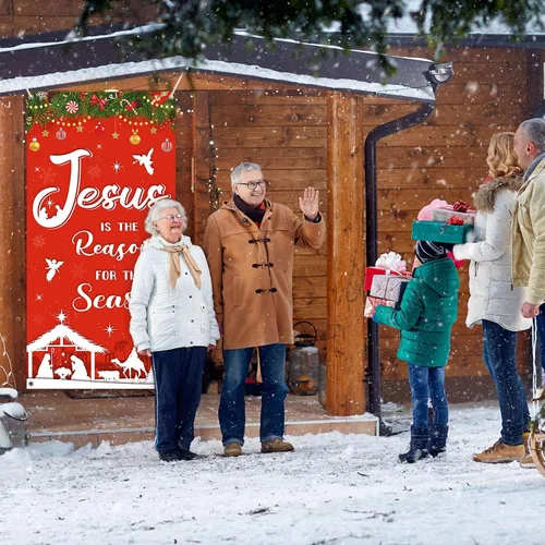 Vista 4 de WovWeave Decoración navideña para puerta religiosa al aire libre, Jesús es la razón de la temporada, fondo de fotografía de Navidad, pancarta