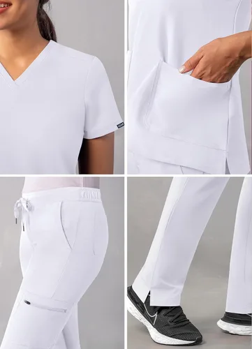 Vista 4 de Adar - Uniforme tipo filipina, con camisa de cuello en V y pantalones con bolsillos tipo cargo, para mujer