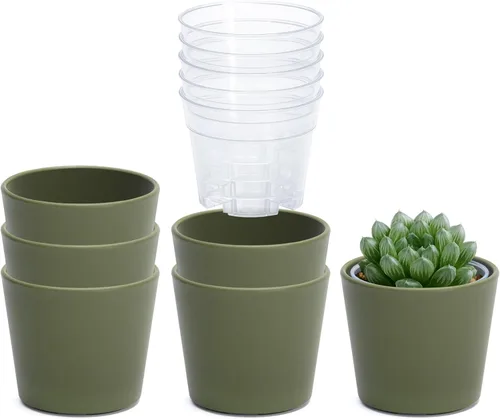 Vista 25 de Phoenix Vine Macetero de plástico verde oliva de 4.5 pulgadas con maceta transparente, cubierta decorativa ligera con maceta interior transparente