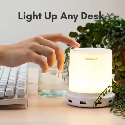 Vista 2 de Macally - lámpara LED para escritorio, mesa de luz, mesilla de noche con 4 puertos de carga USB. 3 niveles de brillo, control táctil, luz blanca