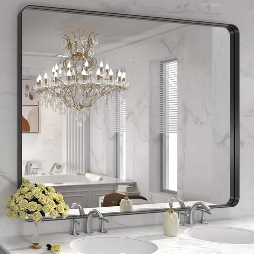 Vista 85 de LOAAO 20x16 Pulgadas Espejo de Baño con Marco de Metal Negro para Pared, Espejo de Tocador de Baño de Estilo Granja, Espejo Grande Rectangular