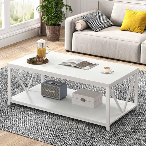 Vista 14 de EXCEFUR Mesa de centro pequeña, mesas modernas para sala de estar con estante de almacenamiento, mesa central rectangular de madera rústica, mesa