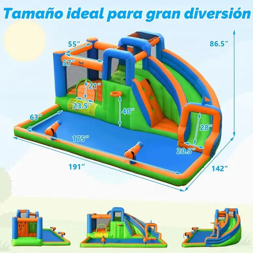 Vista 5 de BOUNTECH Tobogán acuático inflable, castillo de salto de parque acuático para niños con gran piscina de salpicaduras, 2 paredes de escalada