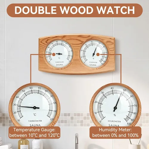 Vista 3 de 2 in 1 Sauna Thermometer and Hygrometer, Wood Hygrometer Double Dial Indoor Humidity Temperature Measurement Sauna Room Equipment Accessories