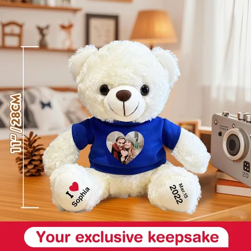Vista 7 de Oso de peluche personalizado con fecha de texto de imagen, juguetes de peluche personalizados de 11 pulgadas, regalo para novia, novio, cumpleaños