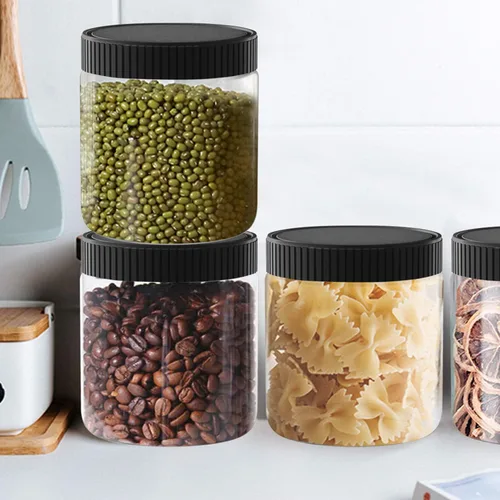 Vista 3 de Paquete de 6 tarros de plástico de 8 onzas con tapas negras Contenedores de almacenamiento de cocina recargables para alimentos secos, café, nueces