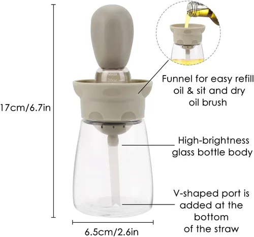 Vista 2 de Botella dispensadora de aceite con cepillo, almacenamiento y recipiente de vidrio de aceite de oliva 2 en 1 con cepillo de silicona para cocina