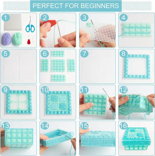 Vista 10 de FREEBLOSS Juego de 4 cajas de lona de plástico, kit de lona de plástico para principiantes, hojas de lona de malla e hilo de 6 colores para bordar