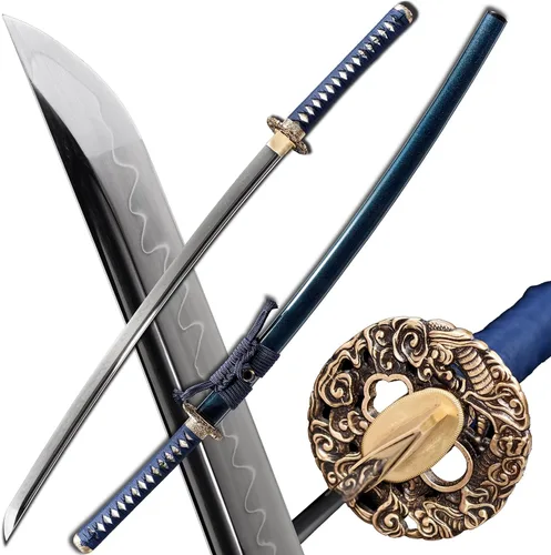 Vista 12 de Espada Katana Samurai, templada en arcilla, acero T10, Hamon real, espada completa Full Tang, hecha a mano, samurái, extremadamente afilada