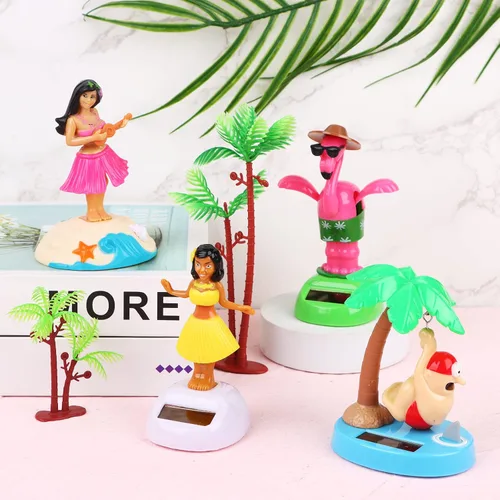 Vista 4 de Paquete de 4 juguetes bailarines alimentados por energía solar de Hawaii Girl Flapping Wings Flamingo Car Shaking Head Dancer Doll Hawaii Toy Swing