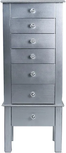 Vista 2 de Hives and Honey Kimberly Jewelry Armoire Moderno organizador de almacenamiento plateado con cajones divididos y ganchos para collares, diseño
