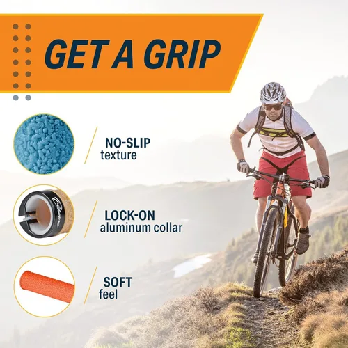 Vista 2 de Bikeroo MTB Handlebar Grips - Bicycle Replacement Accessories W/Lock-On Non-Slip Collars & Aluminum Stability Caps - Textured Comfort Design for