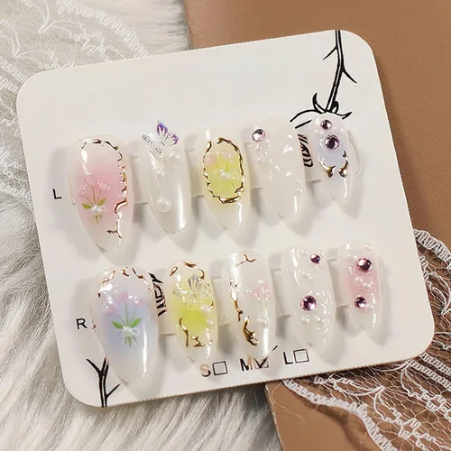 Vista 10 de 24 piezas de uñas postizas de punta francesa a presión, uñas postizas medianas en forma de almendra con diseño de ondas azul oscuro, uñas postizas