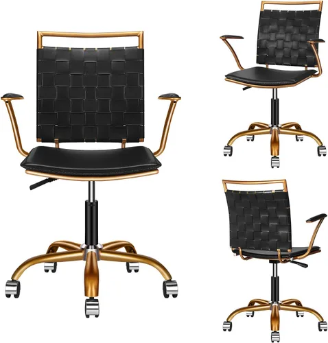 Vista 5 de Silla de escritorio negra y dorada, silla giratoria ergonómica de escritorio para computadora con brazos, silla ergonómica de cuero negro