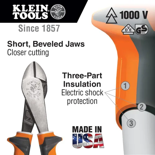 Vista 2 de Klein Tools 200048EINS Alicates fabricados en EE. UU., Alicates de corte diagonal aislados con cabeza en ángulo y empuñaduras aisladas nominales