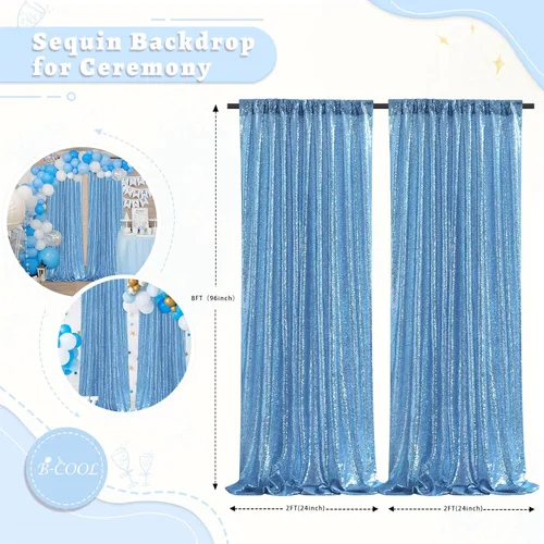 Vista 3 de B-COOL Cortinas de Fondo de Lentejuelas Azul Bebé 2 Piezas 2ftx8ft Fotografía para Fiestas Fondo Brillante Cortinas para Prom Bodas Baby Shower