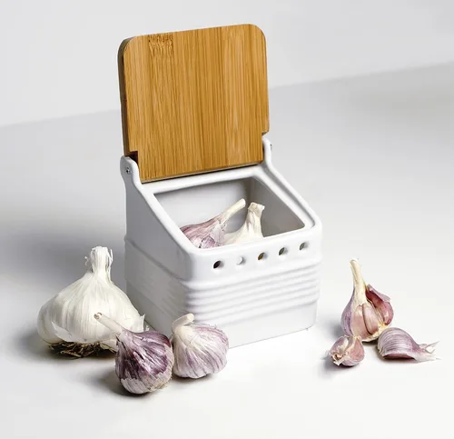 Vista 6 de RSVP International Colección de cocina de gres blanco, guardián de ajo de gres, 4.5x4x4.5