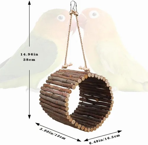 Vista 6 de Hamaca de loro de madera de manzana natural y cuevas de árboles, accesorios de jaula para pájaros pequeños, periquitos, cacatúas, tortolitos