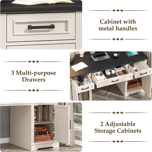 Vista 4 de Halitaa Farmhouse 55.1" Executive Desk with 3 Drawers, Vintage White Antique White