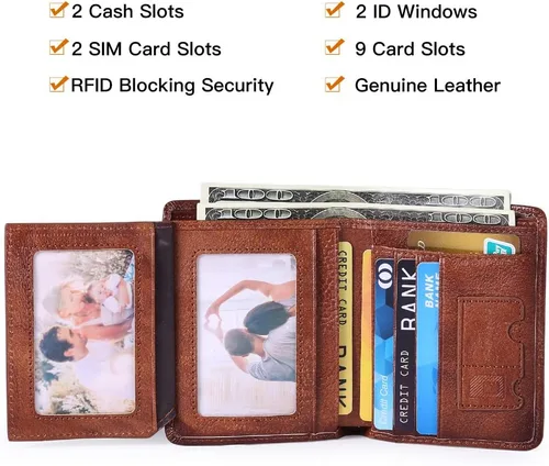 Vista 3 de GOIACII - Cartera de piel auténtica para hombre con bloqueo RFID con 2 ventanas de identificación 2 compartimentos para billetes tarjetas SIM