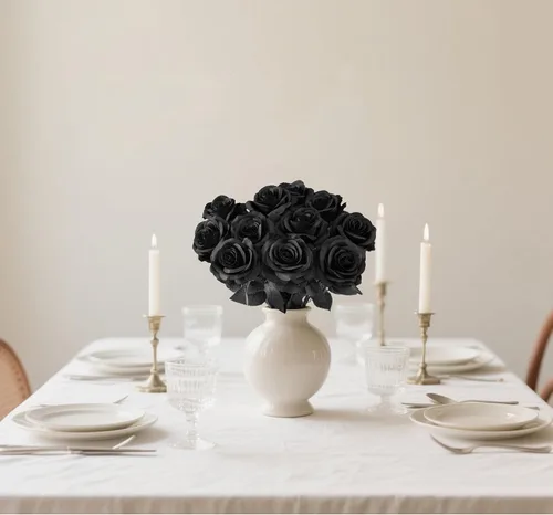 Vista 7 de Eternal Blossom 10 flores artificiales de seda de rosa negra de 19.7 in para ramo de novia, decoración de boda para el hogar Negro