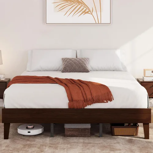 Vista 14 de Yaheetech Base de cama matrimonial con plataforma de madera maciza natural con soporte de listones de madera, espacio debajo de la cama de 12 Madera