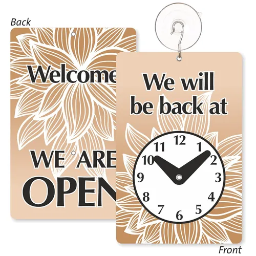 Vista 8 de SmartSign Letrero de reloj de dos caras con texto en inglés "We Will Be Back - Welcome We are Open", plástico de 7.75 x 4.75 pulgadas 4.75" x 7.75