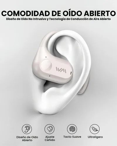 Vista 2 de Auriculares de oreja abierta, auriculares inalámbricos Bluetooth 5.3 con conducción de aire, ajuste cómodo y seguro, graves potentes, llamadas Beige