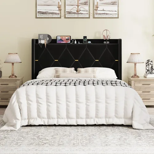 Vista 3 de SHA CERLIN Base de cama tapizada de terciopelo de tamaño matrimonial con estación de carga, moderna cabecera de almacenamiento con respaldo de ala