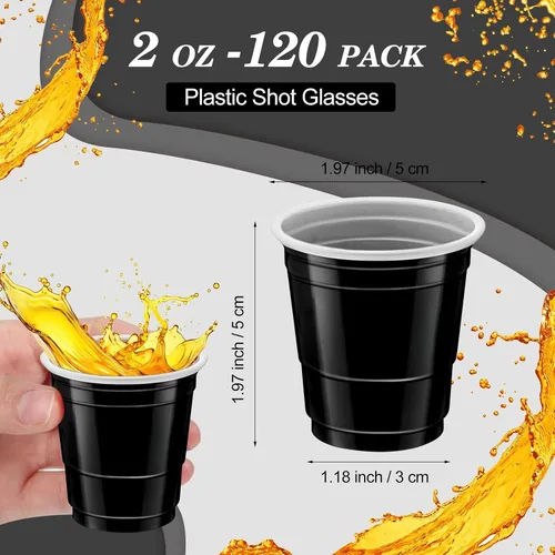 Vista 2 de 120 piezas Vasos de Chupito Negros de Plástico Negro Vasos de Chupito de 2 oz Vasos de chupito de Halloween desechables para beber Degustaciones