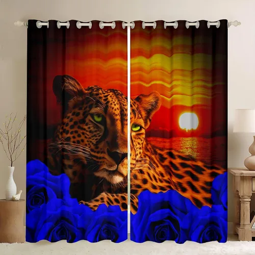 Vista 28 de Erosebridal Cortinas de Rosas Rojas 3D Tratamientos para Ventanas de Guepardo, Paneles de Cortinas con Estampado de Gato Leopardo para Sala