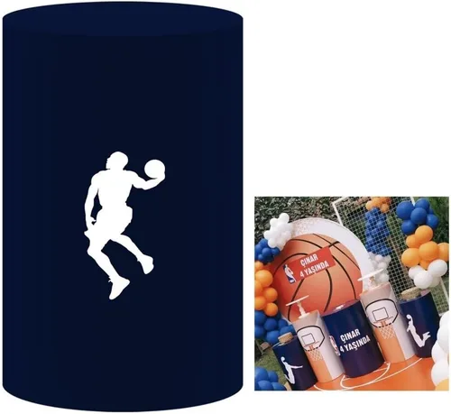 Vista 7 de Fundas de soporte de cilindro con temática de baloncesto para fiestas de cumpleaños de niños, cubierta de pedestal con patrón de cesta, decoración