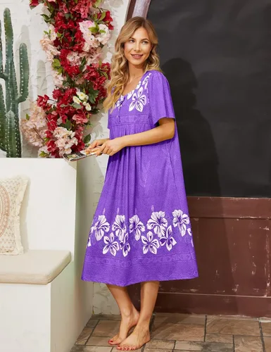 Vista 4 de Bloggerlove Camisón hawaiano para mujer, vestido de casa hawaiano Muumuu con estampado de tumbona, vestido de patio con bolsillos Moomoo
