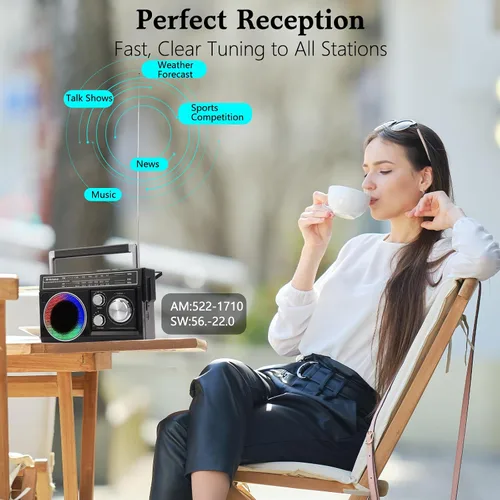 Vista 6 de Radios portátil AM FM, radio portátil retro con altavoz Bluetooth y linterna, recepción fuerte con luces de humor coloridas, tarjeta TF, energía