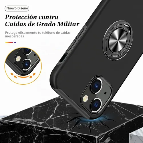 Vista 7 de Funda a prueba de golpes para iPhone 13 de 6.1 pulgadas, [anillo de dedo integrado] funda de teléfono de grado militar con soporte de metal Negro