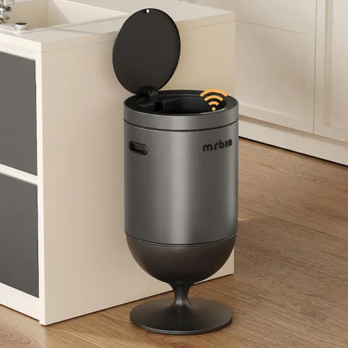 Vista 9 de MRBIN Bote de basura de metal con tapa, cesta de basura decorativa mediana de 5.3 galones / 20 litros, basura redonda alta con patas altas para Negro