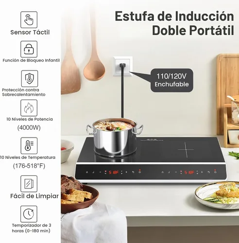 Vista 3 de GIHETKUT Placa de cocción de doble inducción, 4000 W, 2 quemadores, placa de inducción con pantalla táctil LED, 10 niveles de ajustes con bloqueo