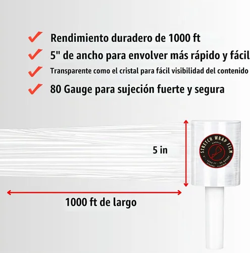 Vista 3 de Película elástica/envoltura resistente de calibre 67 de 5 pulgadas x 1000 pies, película elástica 500% con mango fácil de usar, envoltura