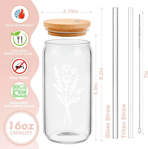Vista 3 de Bonitas tazas de vidrio con tapas y pajitas, taza de café helado estética, tazas de flores, vaso personalizado con pajilla, regalos de cumpleaños