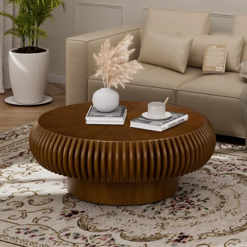 Vista 13 de Mesa de centro de tambor de 31.5 pulgadas, moderna y única, mesa de té acanalada, mesa de centro redonda de madera contemporánea con mesa central