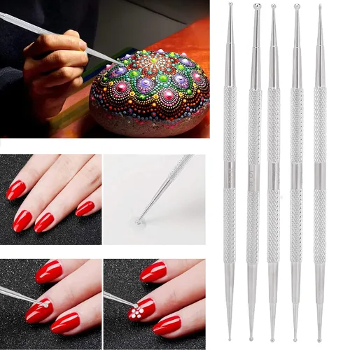 Vista 6 de Juego de 5 bolígrafos punteados para arte de uñas de doble extremo, herramientas de pintura de puntos de acero inoxidable de 2 vías para manicura
