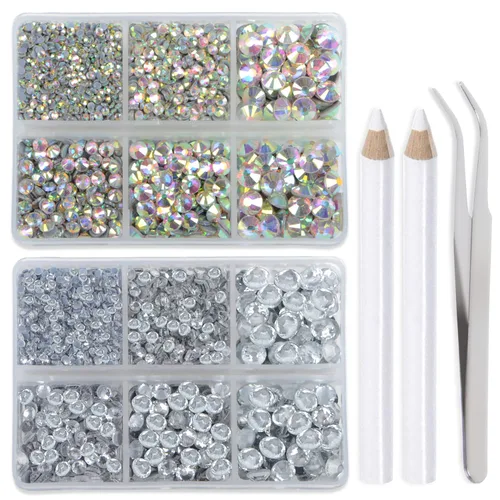Vista 11 de LPBeads 6400 unidades de diamantes termoadhesivos de 12 colores con parte trasera plana, 5 tamaños mixtos, gemas de cristal redondas con pinzas