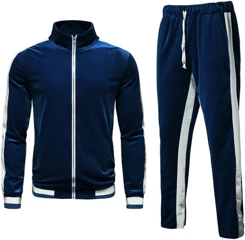 Vista 2 de KISSQIQI Chándal de 2 piezas con cremallera completa para hombre, trajes deportivos de terciopelo dorado, trajes casuales, chaqueta y pantalones