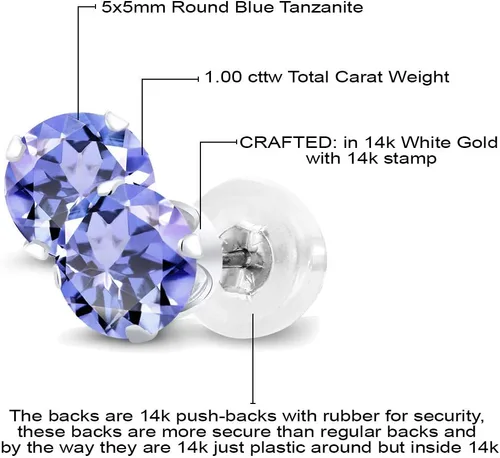Vista 6 de Aretes de oro blanco de 14K macizo con tanzanitas redondas, claridad AAA, de 5 mm, 1.00 Ct.